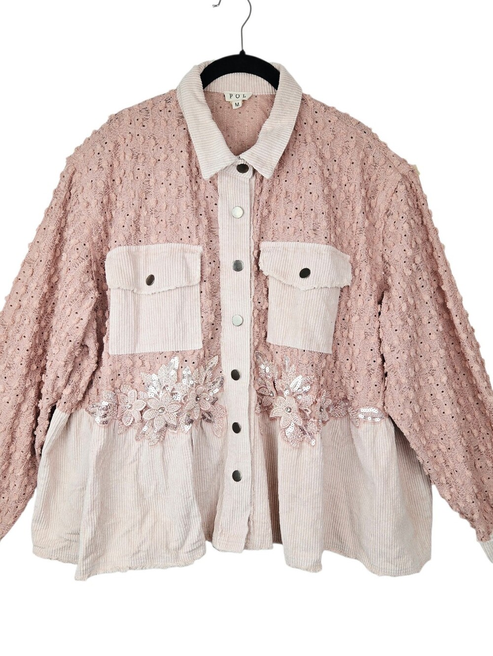 POL Blush Pink Mixed-Media Corduroy & Lace Shacket